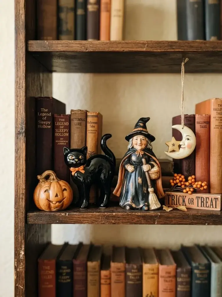 Vintage-inspired black cat and witch figurines displayed among old books on a wooden shelf.