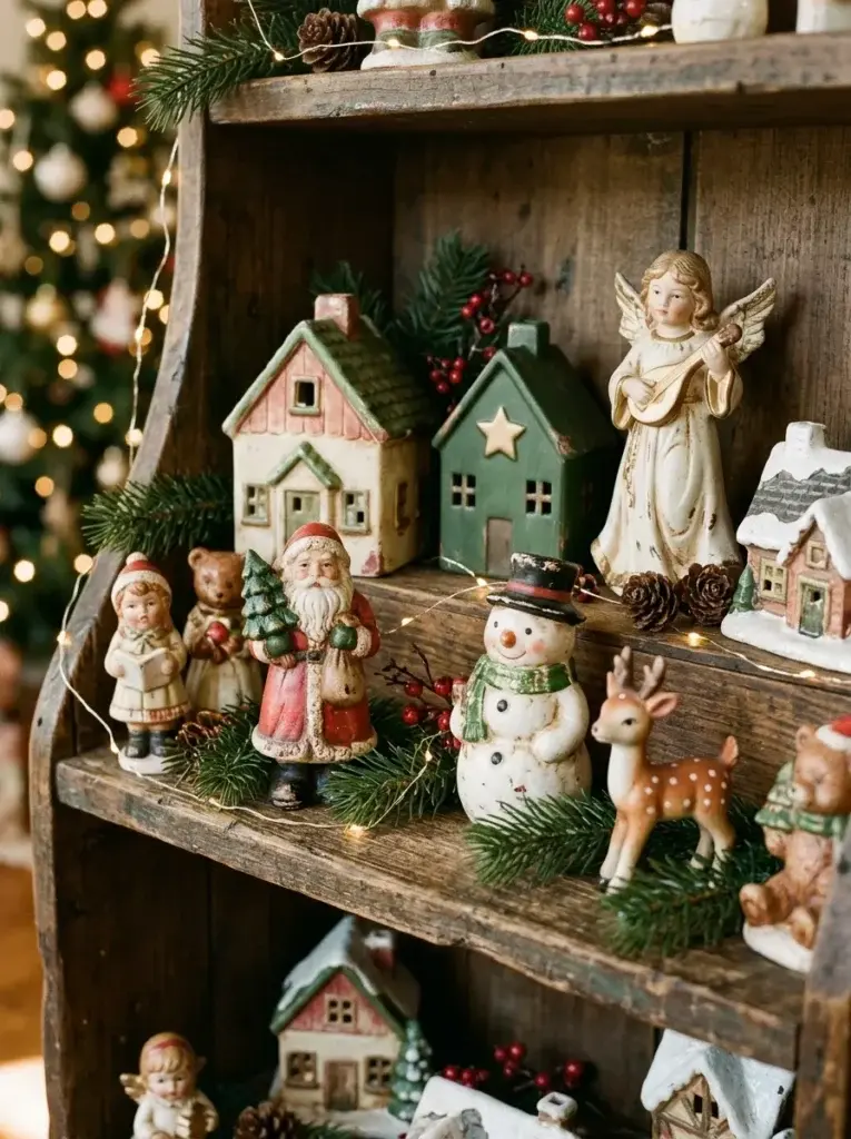 Vintage-inspired ceramic Christmas figurines, including Santas, snowmen, and reindeer, displayed on a wooden shelf.