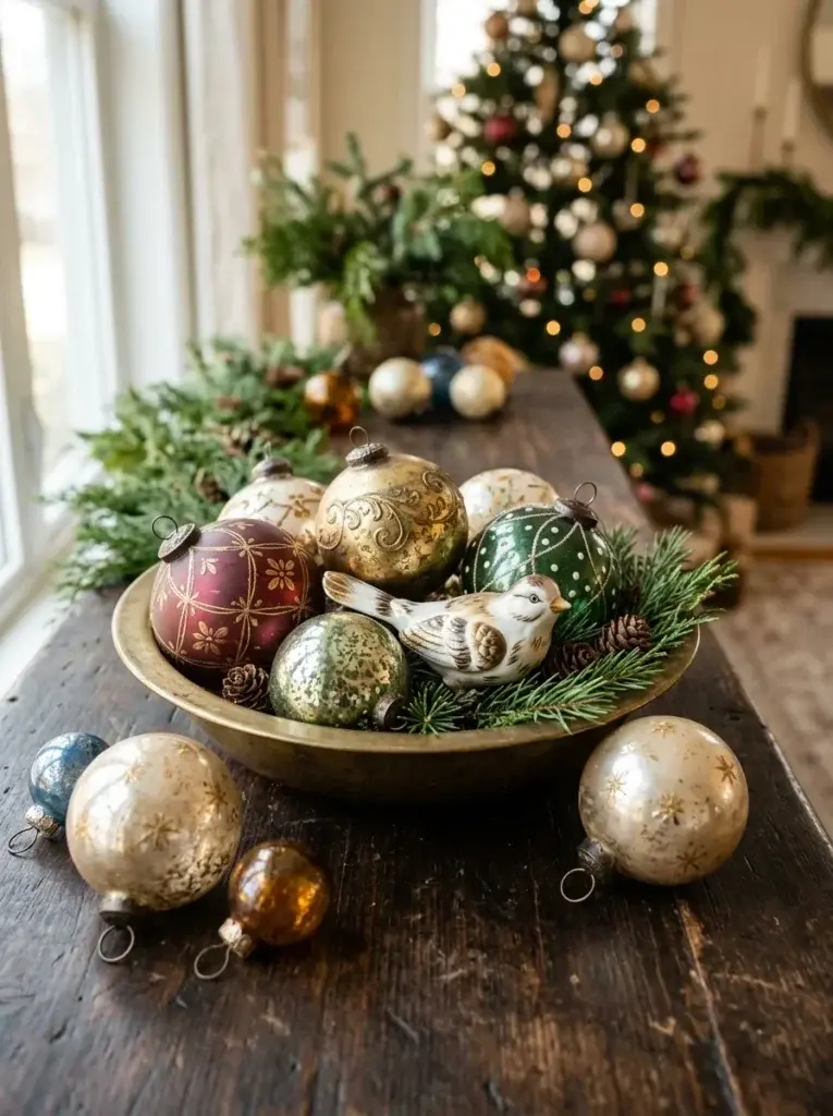 Vintage-inspired glass Christmas baubles in burgundy, forest green, champagne, and antique gold are arranged with porcelain ornaments on a dark wooden console.