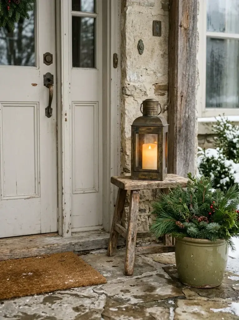 Vintage-inspired winter porch with an aged-brass lantern, weathered wooden stool, and evergreen planter.