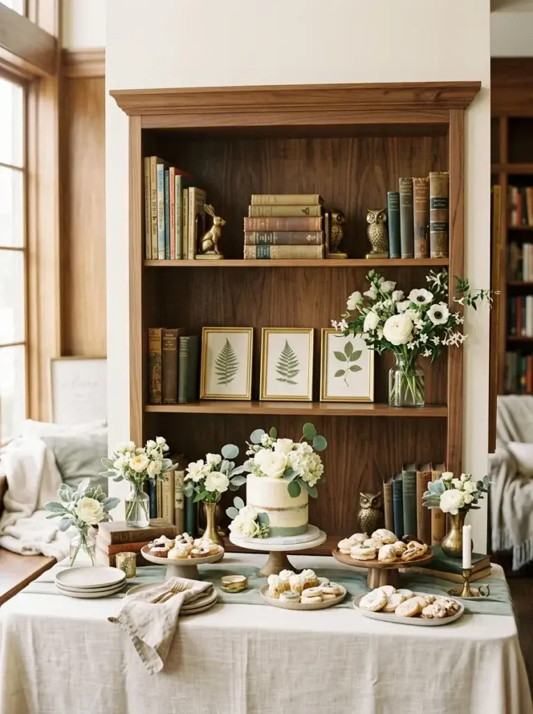 Vintage storybook library baby shower with antique books, wooden shelves, brass accents, and delicate white flowers.