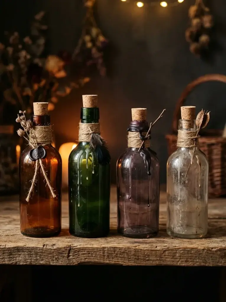 Vintage-style Halloween potion bottles made from recycled glass containers and rustic craft materials.