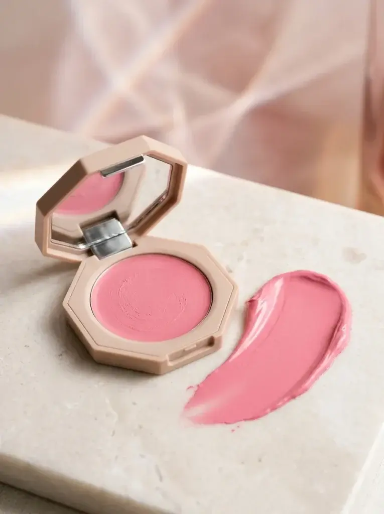 Vivid pink cream blush compact beside a smooth pink swatch.