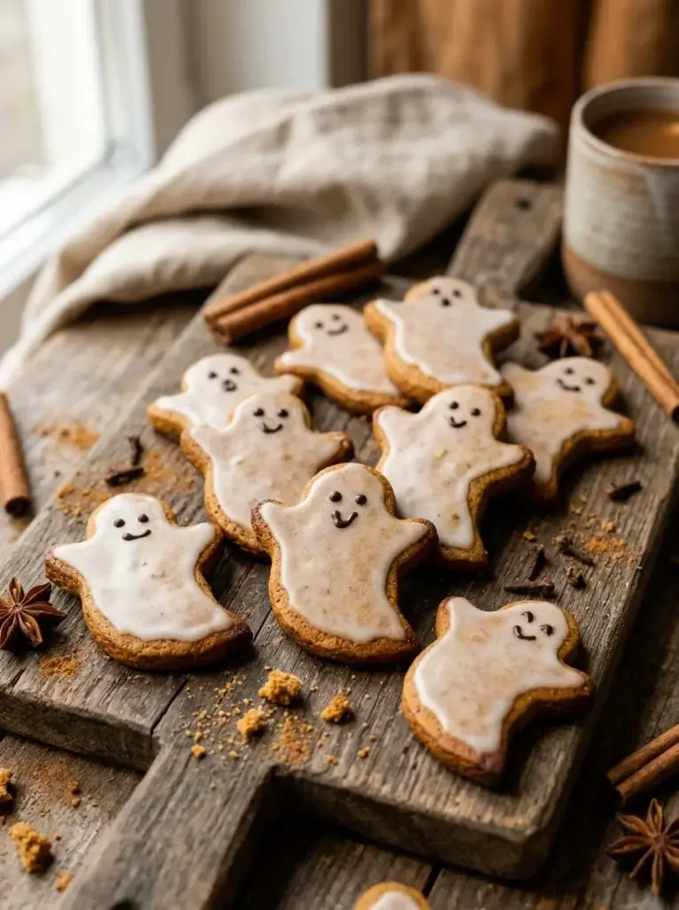 Warmly spiced gingerbread ghost cookies with a delicate vanilla glaze and simple dark facial details.
