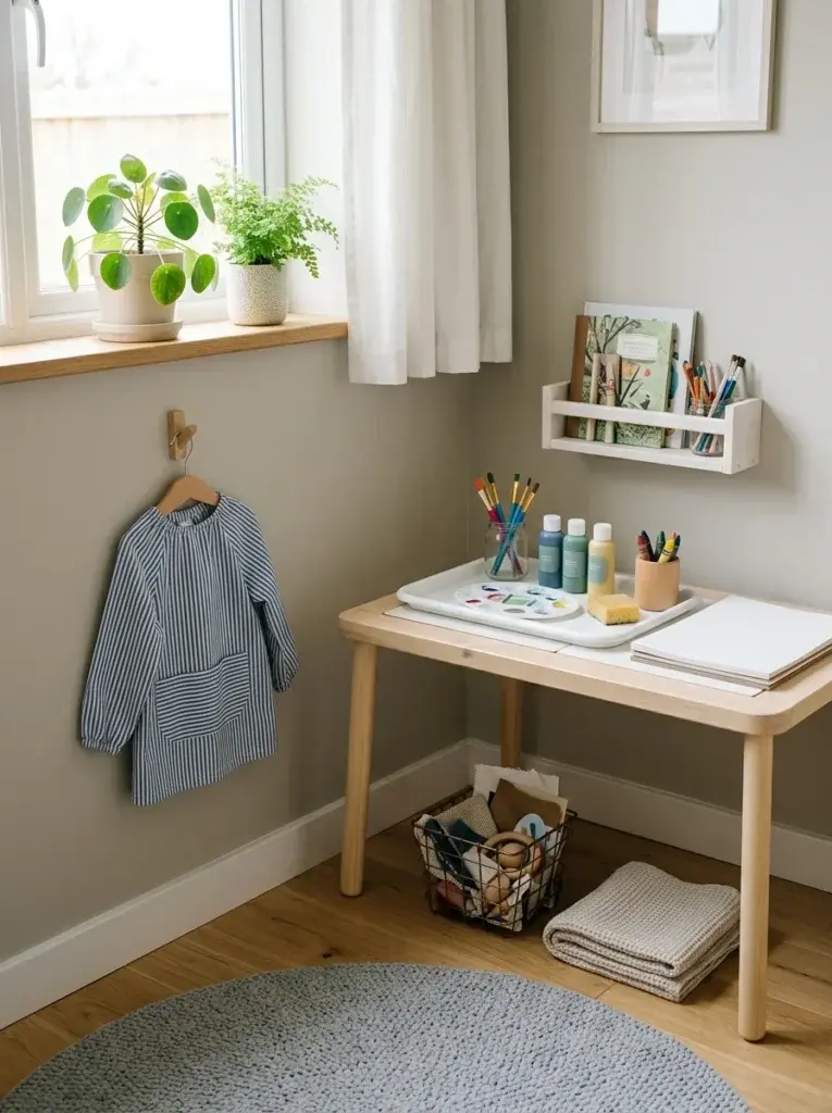 Washable floor mat, hanging smock, wipe-down tray and small bin set up beside a craft table