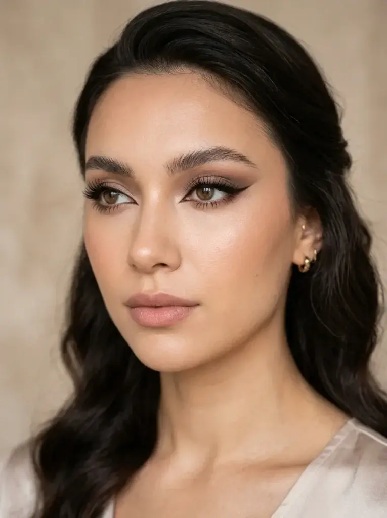 Wearable siren eye makeup featuring smoky brown eyeshadow, elongated eyeliner, lifted lashes, and a fresh nude-rose makeup look.