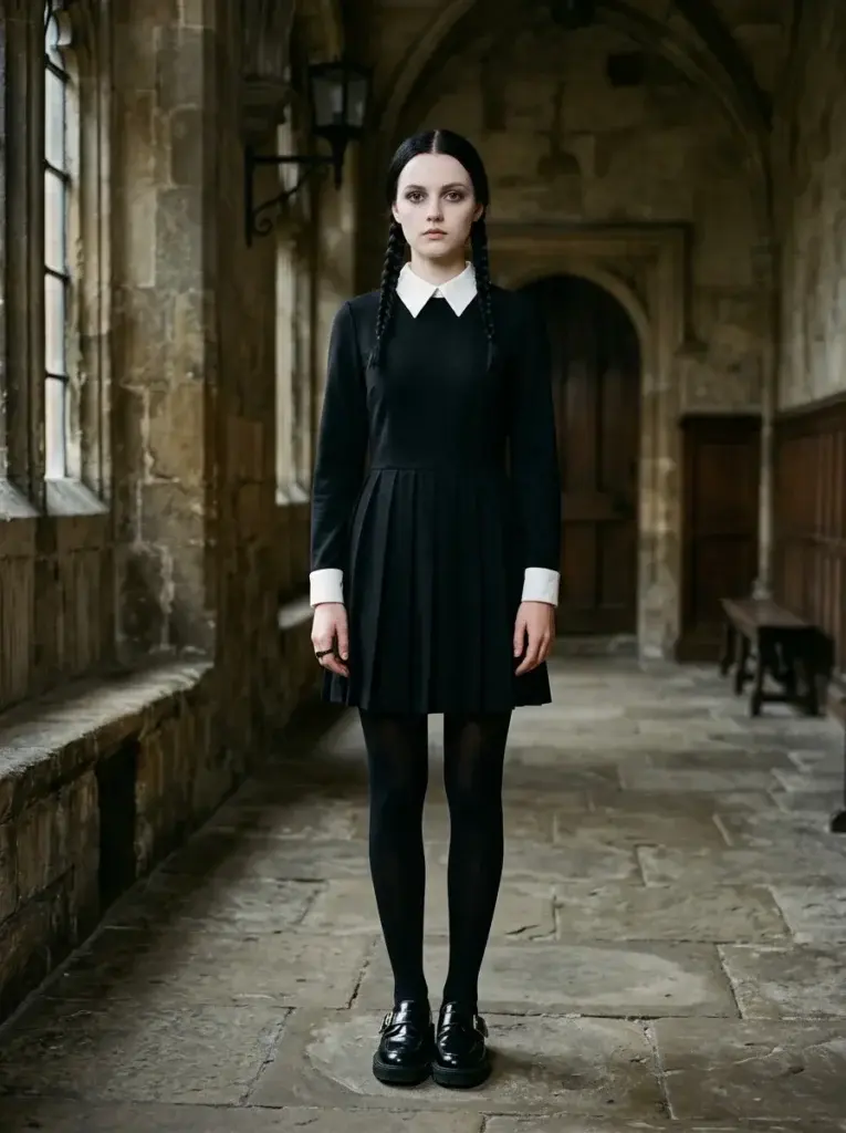Wednesday Addams-inspired solo Halloween costume with black braids and a white-collar black dress.