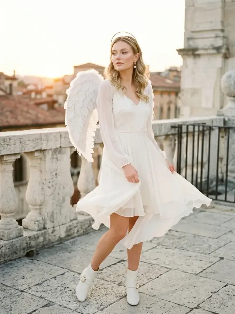 White angel solo Halloween costume with feather wings, an ivory dress, and a gold halo.