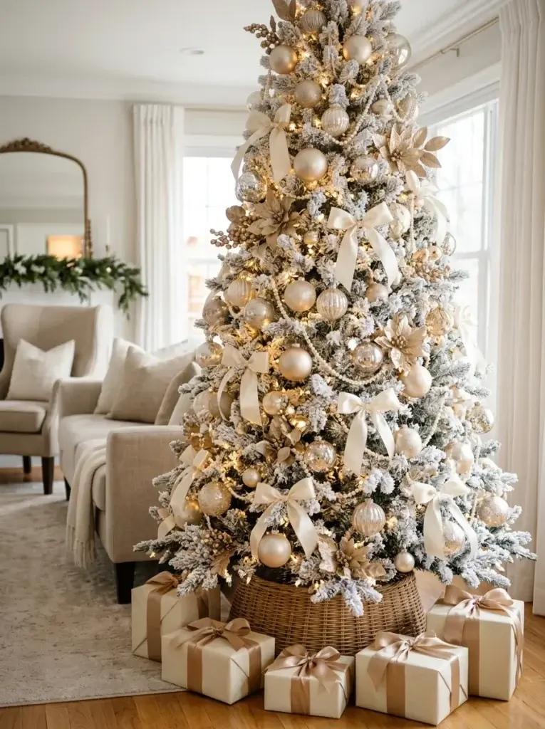 White Christmas tree decorated with champagne ornaments, ivory satin ribbons, pearl strands, and golden fairy lights.