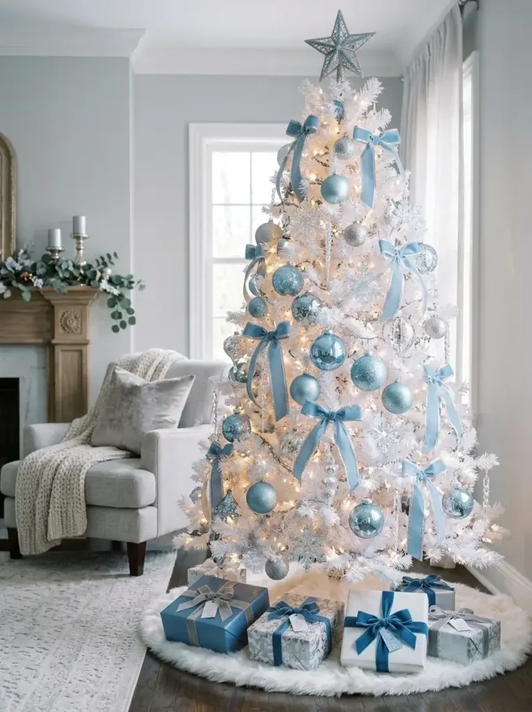 White Christmas tree decorated with icy blue baubles, pale blue ribbons, crystal icicles, and silver snowflakes.