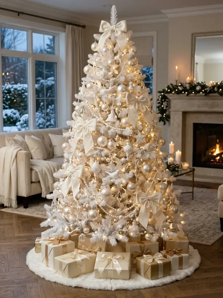 White Christmas tree decorated with luminous pearl baubles, pearl garlands, ivory bows, and crystal accents.