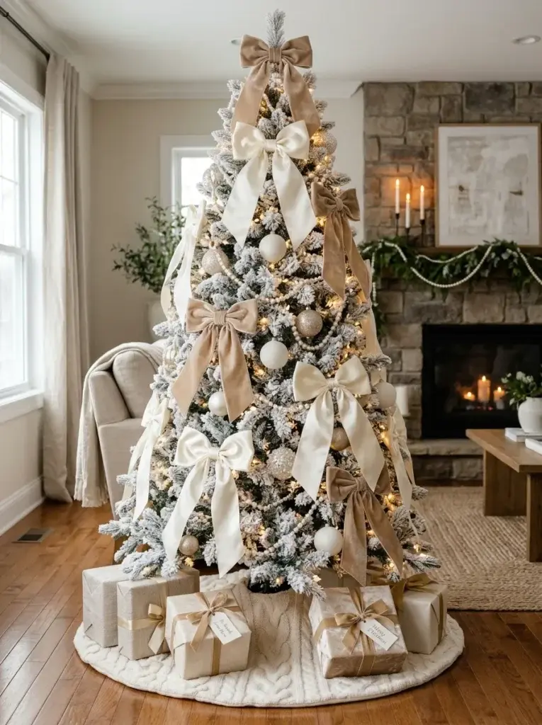 White Christmas tree decorated with oversized ivory satin bows, champagne velvet ribbons, and pearl garlands.