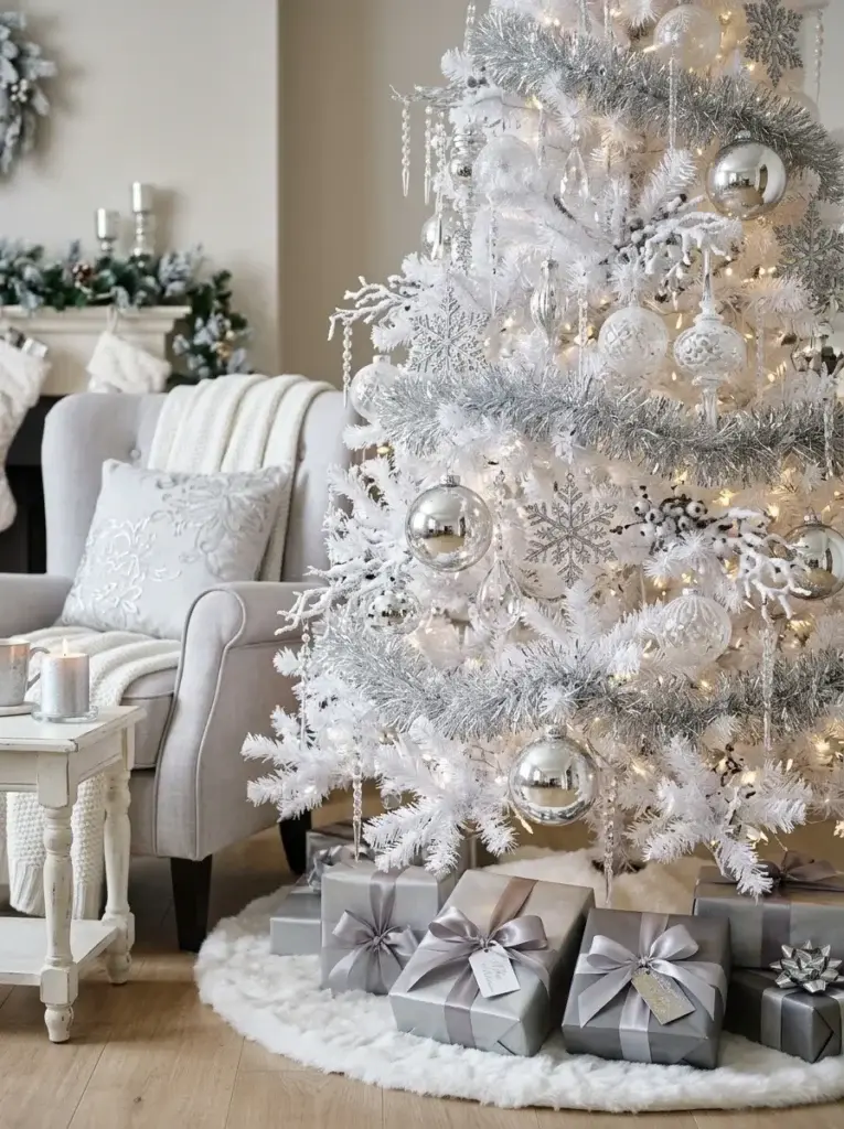 White Christmas tree decorated with silver snowflakes, crystal icicles, mirrored baubles, and frosted ornaments.