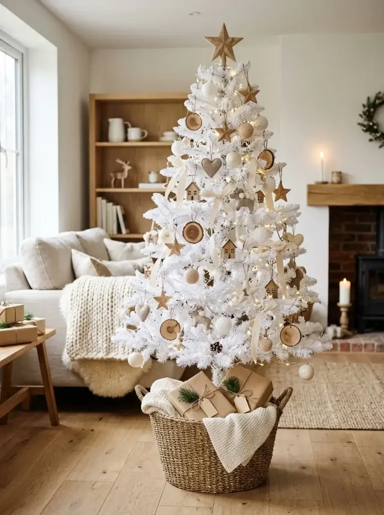 White Christmas tree decorated with wooden stars, rustic house ornaments, cotton ribbons, and warm lights.