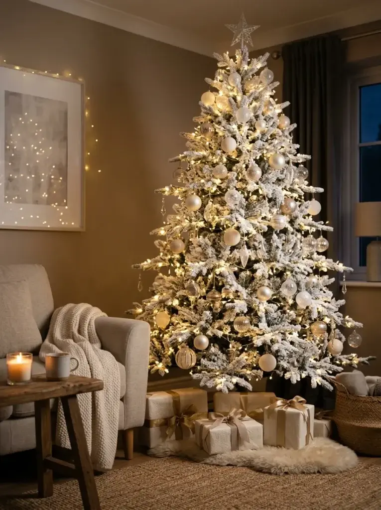 White Christmas tree glowing with warm fairy lights, ivory baubles, and delicate champagne ornaments.