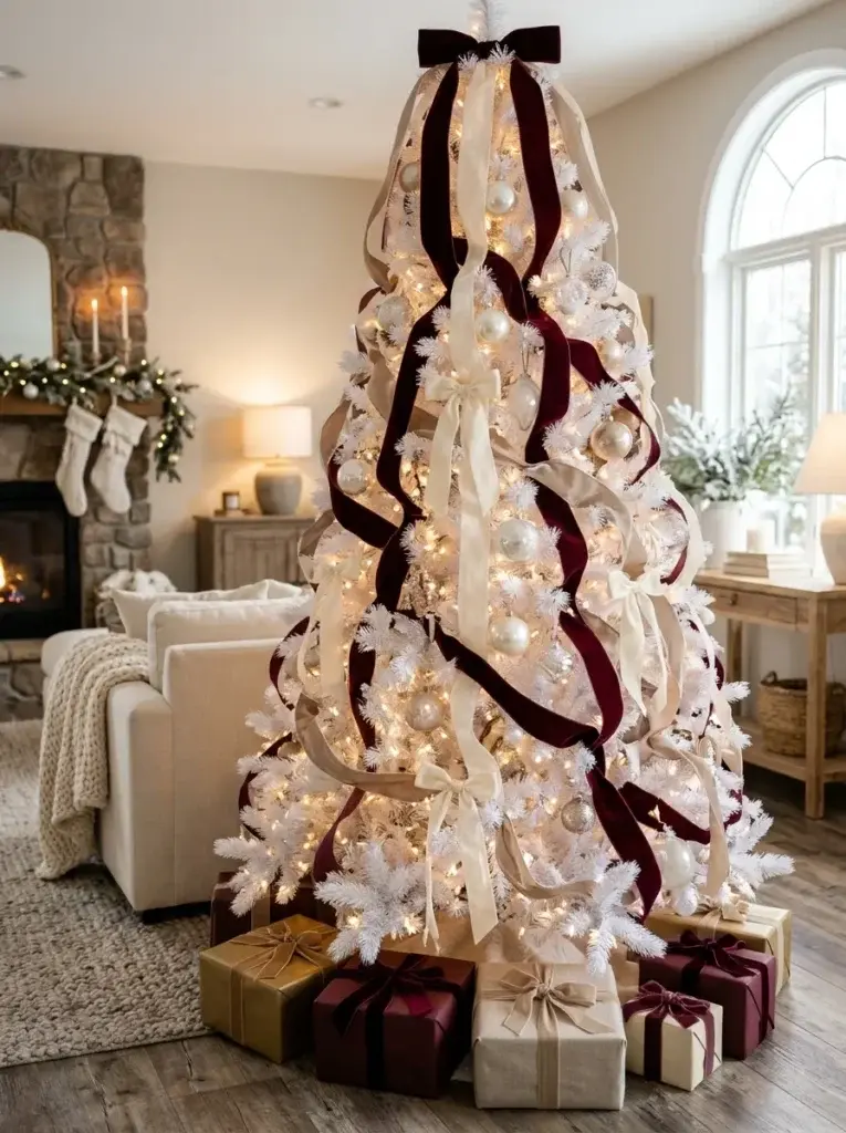 White Christmas tree with cascading ivory velvet ribbons, burgundy bows, pearl ornaments, and warm lights.