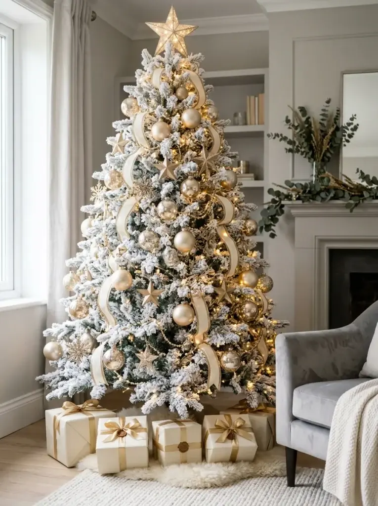 White Christmas tree with champagne-gold baubles, metallic stars, ivory ribbons, and warm glowing lights.