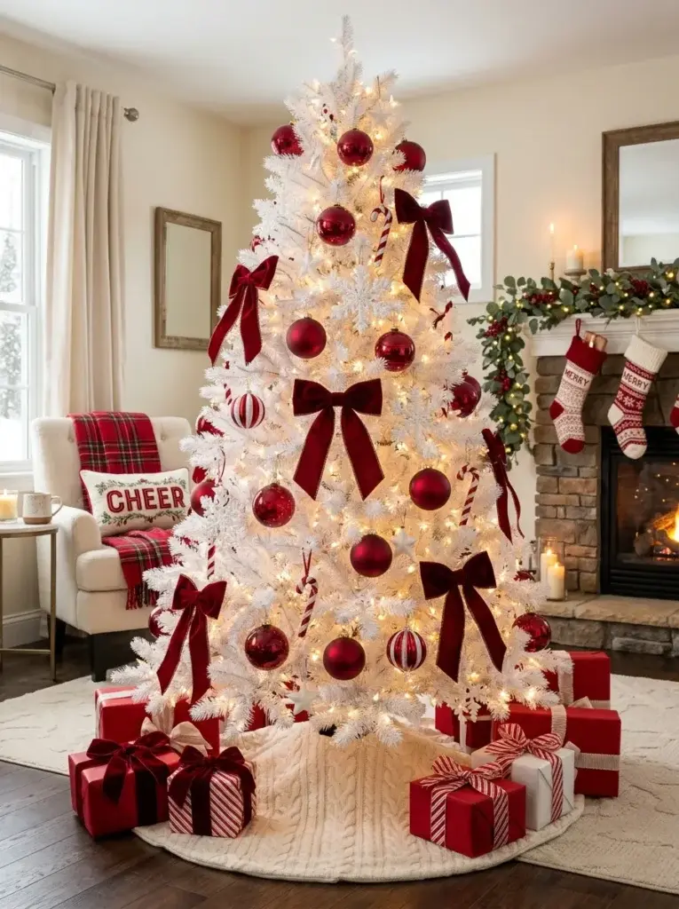 White Christmas tree with crimson baubles, red velvet bows, white snowflakes, and warm fairy lights.