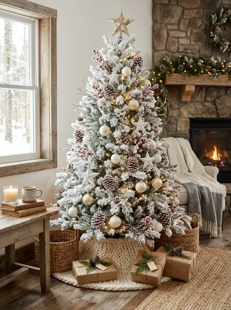 White Christmas tree with frosted pinecones, snowy berry picks, wooden stars, and warm fairy lights.