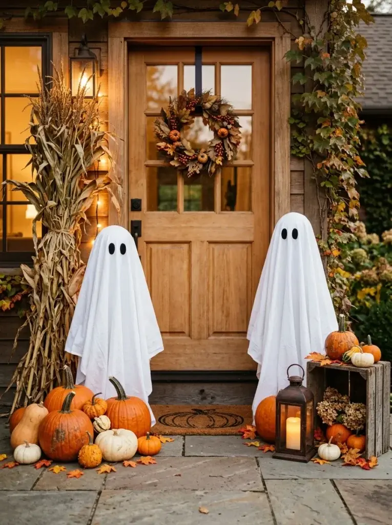 White fabric ghosts standing among orange pumpkins and rustic lanterns on a welcoming Halloween porch.
