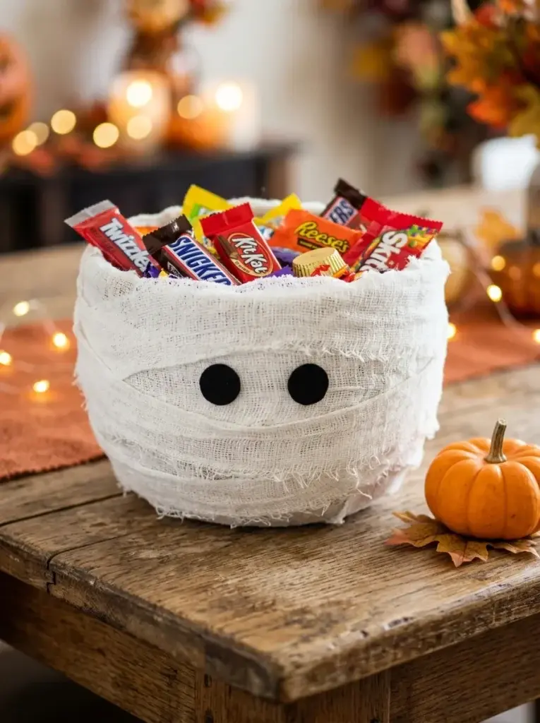 White gauze-wrapped mummy candy bowl with black eyes and colorful Halloween treats.