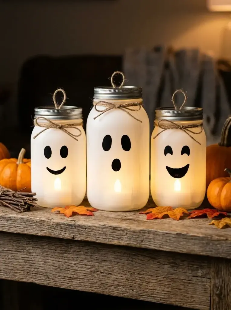 White mason jar ghost lanterns glowing warmly beside miniature pumpkins on a rustic shelf.