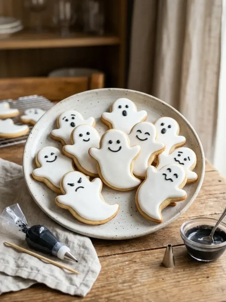 White royal-iced ghost sugar cookies with neat silhouettes and simple black facial details arranged on a ceramic plate.