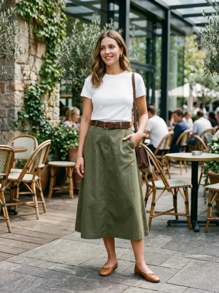White T-shirt and olive A-line midi skirt styled with a brown leather belt.