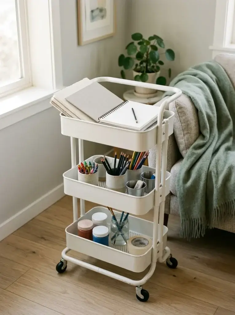 White three-tier rolling cart holding paper, crayons and paint pots beside a living room sofa