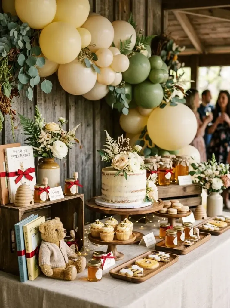 Winnie the Pooh-inspired baby shower with honey jars, woodland greenery, vintage books, and warm yellow decorations.