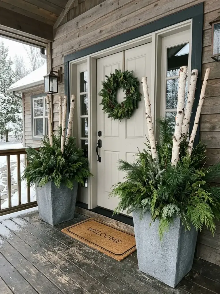Winter porch planters filled with pine, cedar, and birch branches beside a front entrance.
