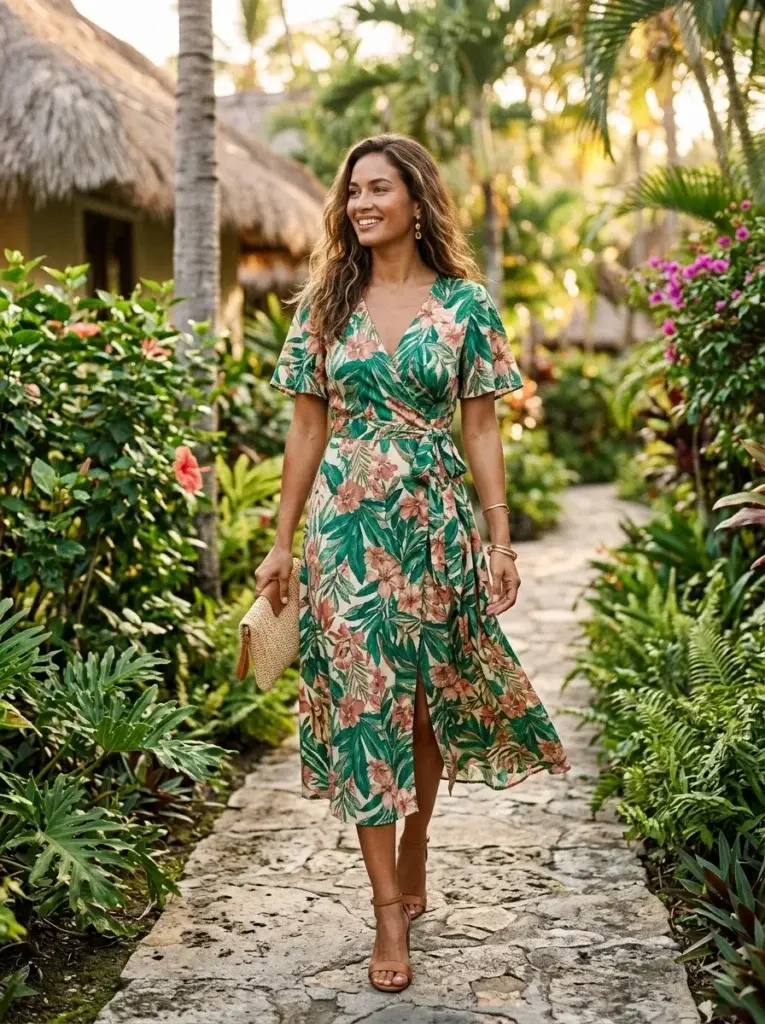 Woman wearing a tropical-print wrap midi dress with tan sandals at a resort garden.