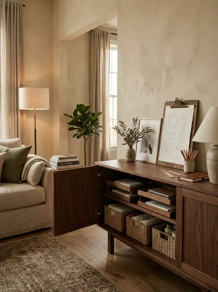 Wooden console in a living room with one door open showing neatly stored art supplies