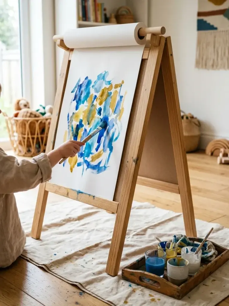 Wooden easel with a paper roll and painted blue and yellow strokes on a drop cloth