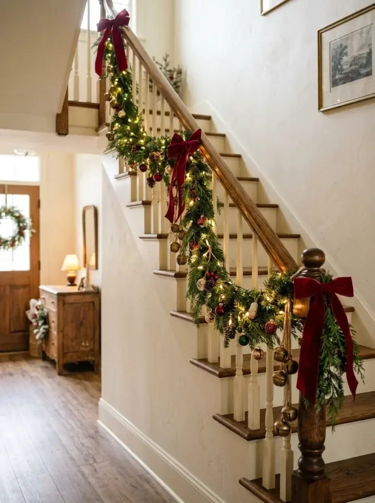 Wooden staircase decorated with an evergreen Christmas garland, cranberry-red bows, brass bells, and warm white lights.