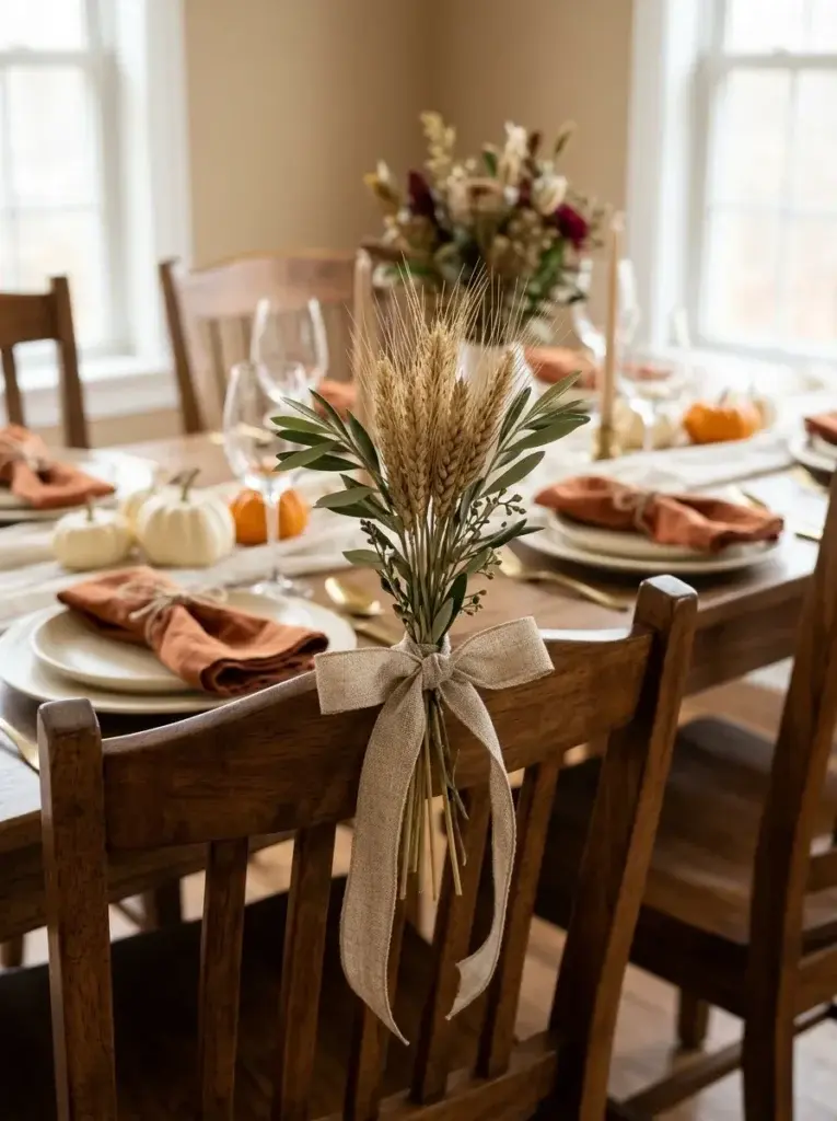 Wooden Thanksgiving dining chairs decorated with linen ribbons, dried wheat bundles, and olive branches.