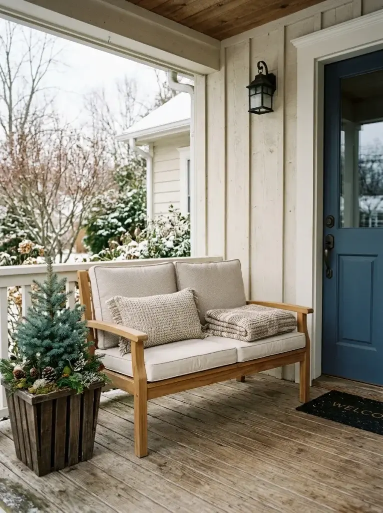 Wooden winter porch bench with neutral outdoor cushions, a textured pillow, and a folded throw.