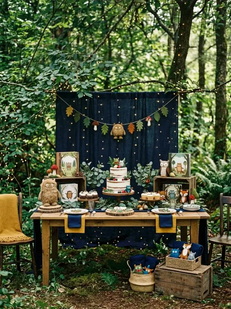 Woodland adventure baby shower with forest greenery, navy and mustard accents, and playful handmade decorations.