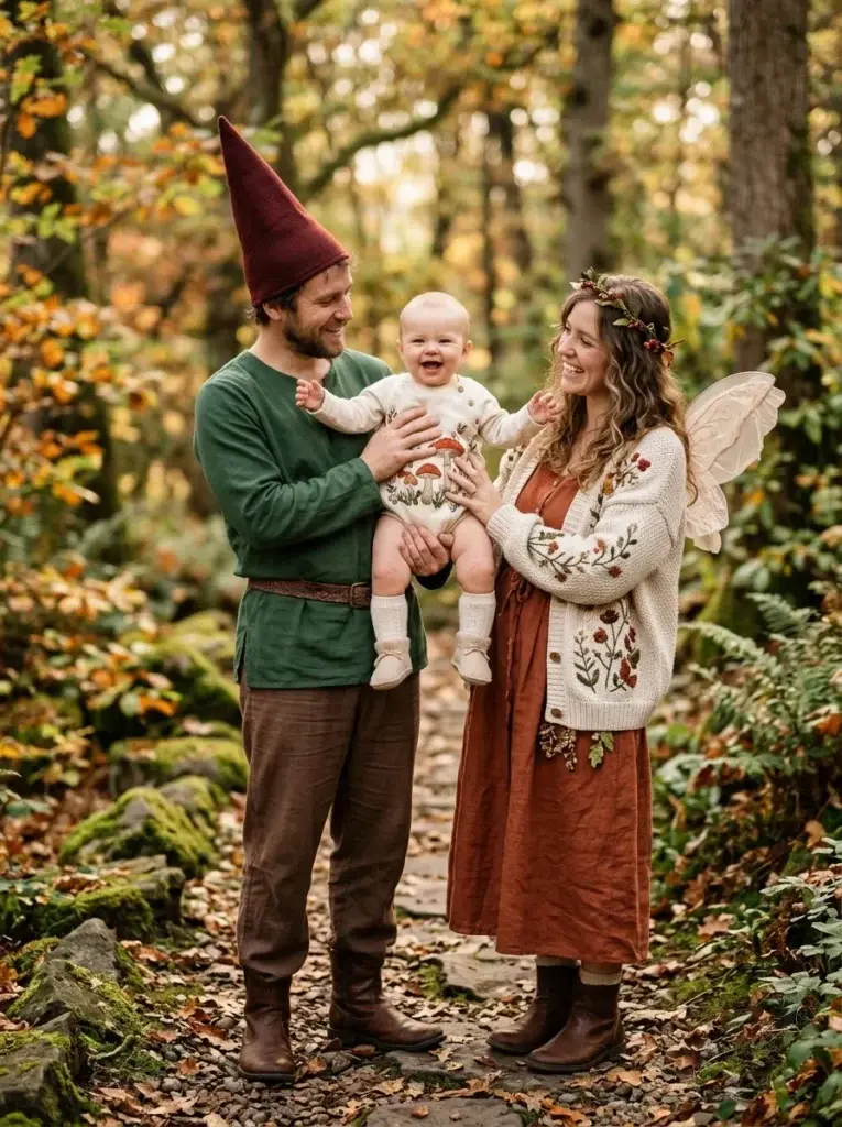 Woodland-inspired Halloween family costume featuring a garden gnome, a forest fairy, and a mushroom-dressed baby.